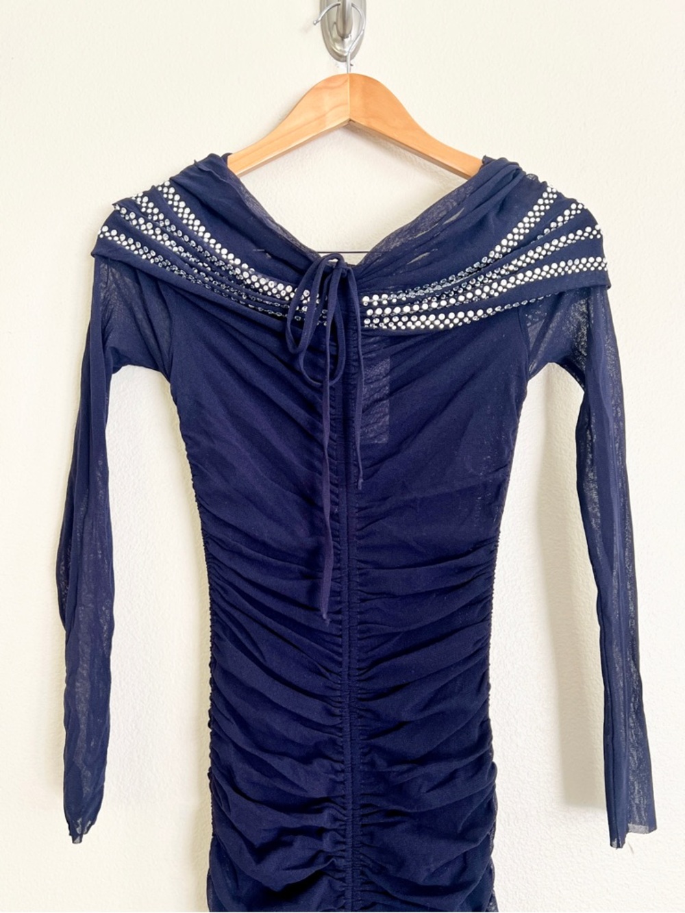 JEAN PAUL GAULTIER Crystal Embellished Mesh Off Shoulder Ruched Dress in Navy - Picture 7 of 13